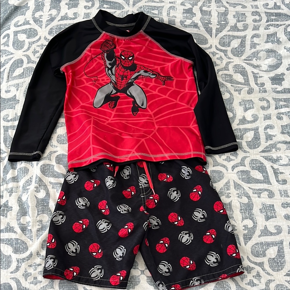 Carter's Red and Black Swim Trunks and rashguard Spider-Man Design